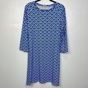 Barbara Gerwit Blue White Geo Print Long Sleeve Dress Size L